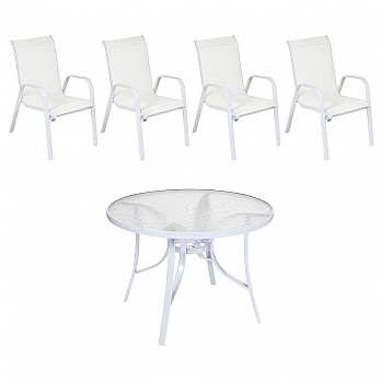 Conjunto Mestra Slim - Mesa Summer com Tampo de Vidro Ø 105 Alumínio Branco com 4 Cadeiras Empilháveis Summer - Tela Branca -Alumínio Branco